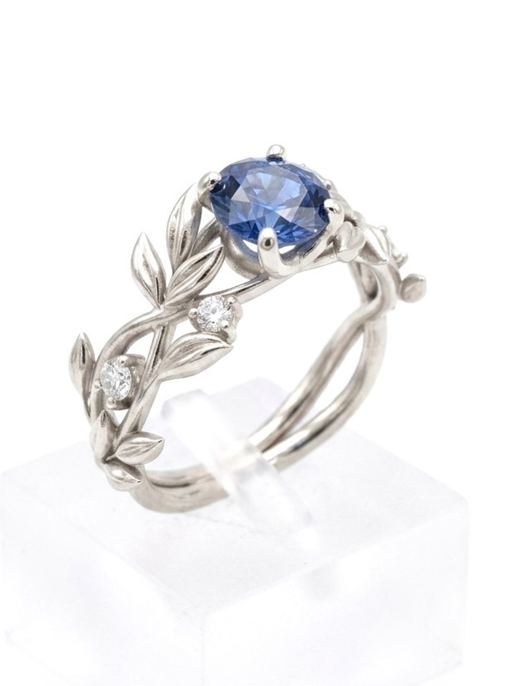 New Sterling Silver Blue White Sapphire Hand Crafted Floral Vine Flower Ring